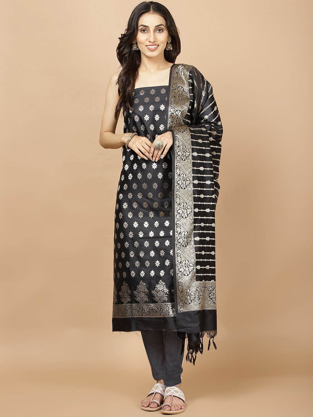 

Meena Bazaar Ethnic Motifs Woven Design Zari Chanderi Unstitched Dress Material, Black