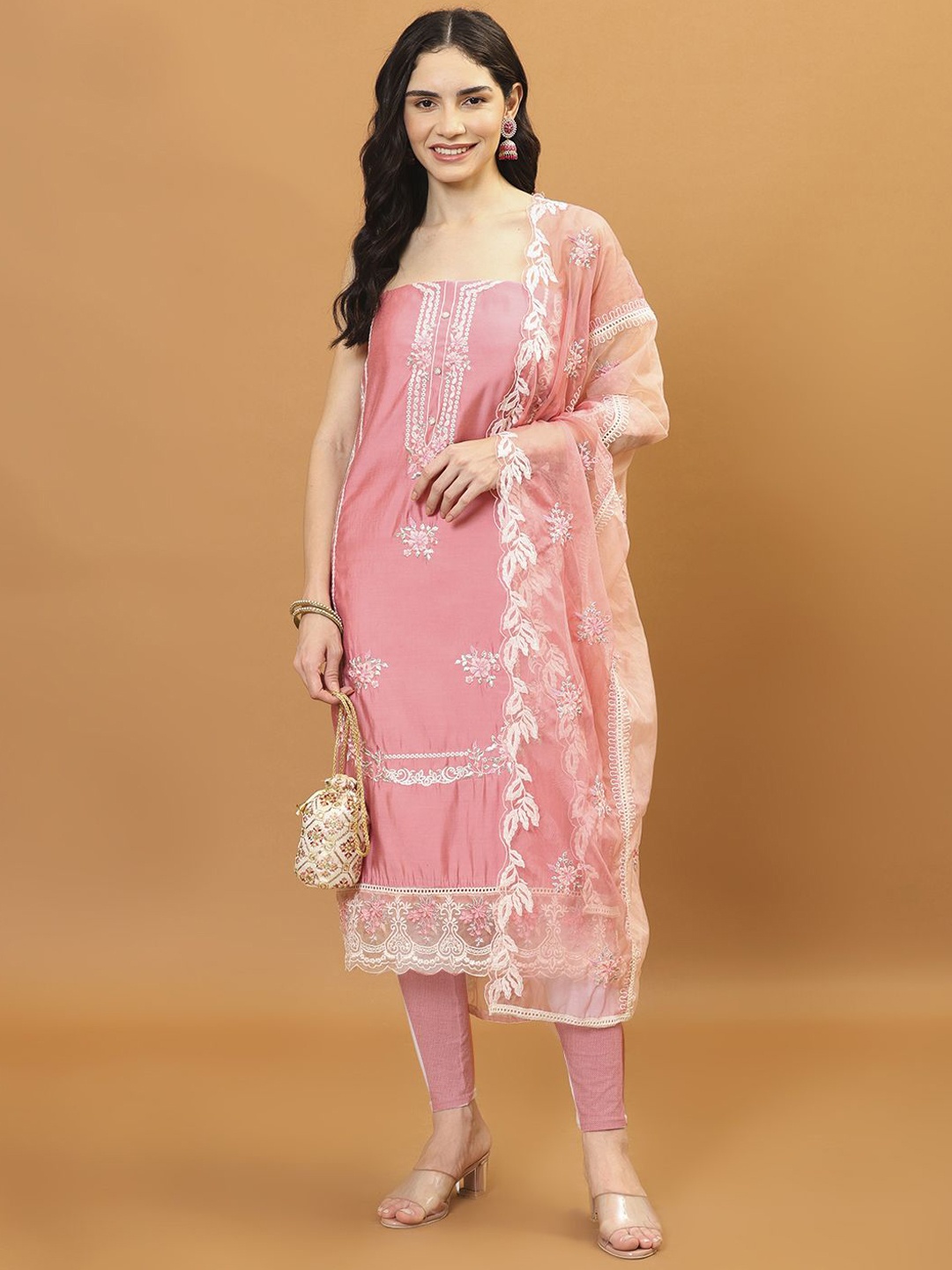 

Meena Bazaar Embroidered Art Silk Unstitched Dress Material, Pink