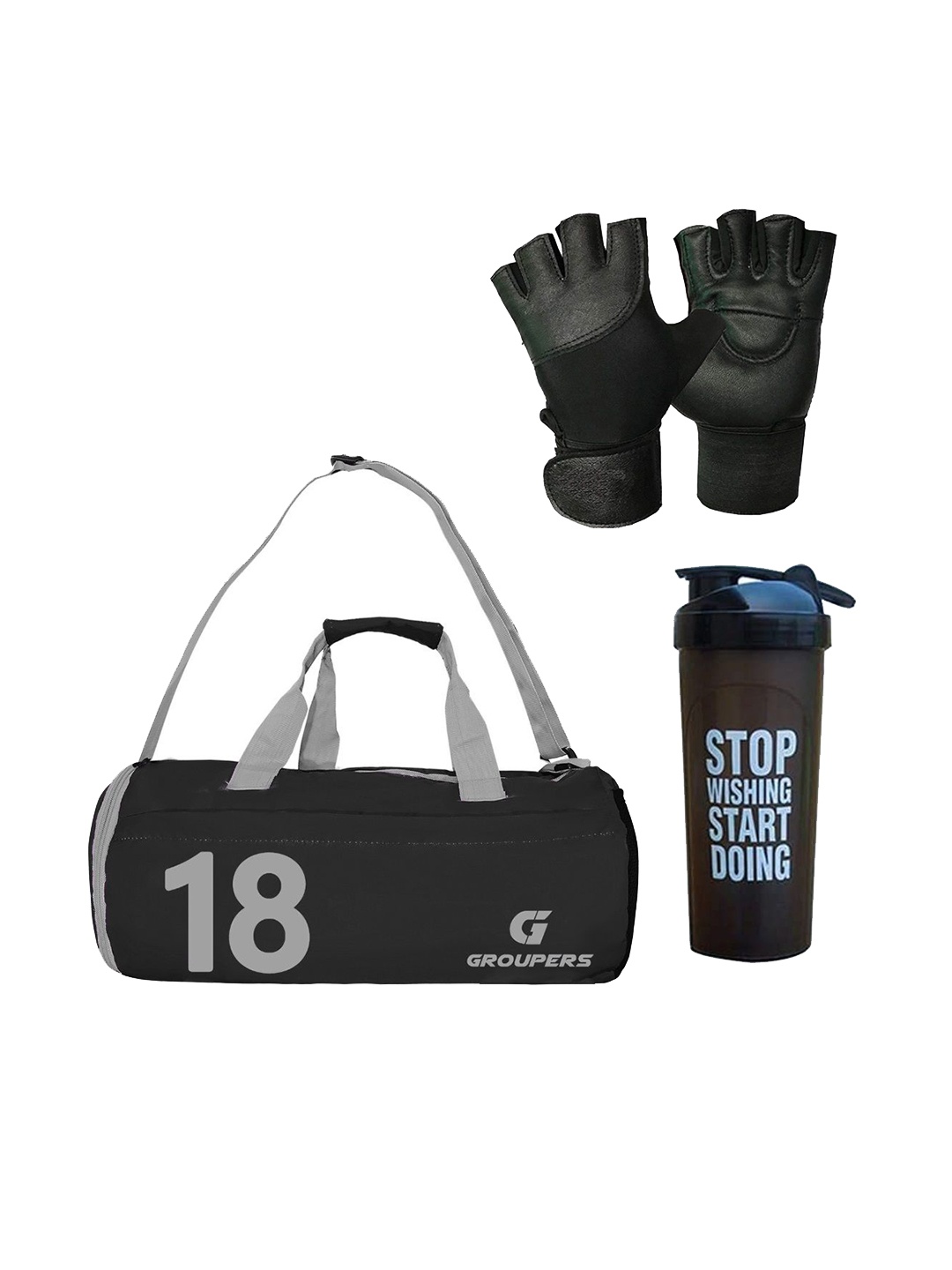 

GROUPERS Printed Medium Foldable Sports Duffel Bag With Gloves & Shaker Bottle, Black