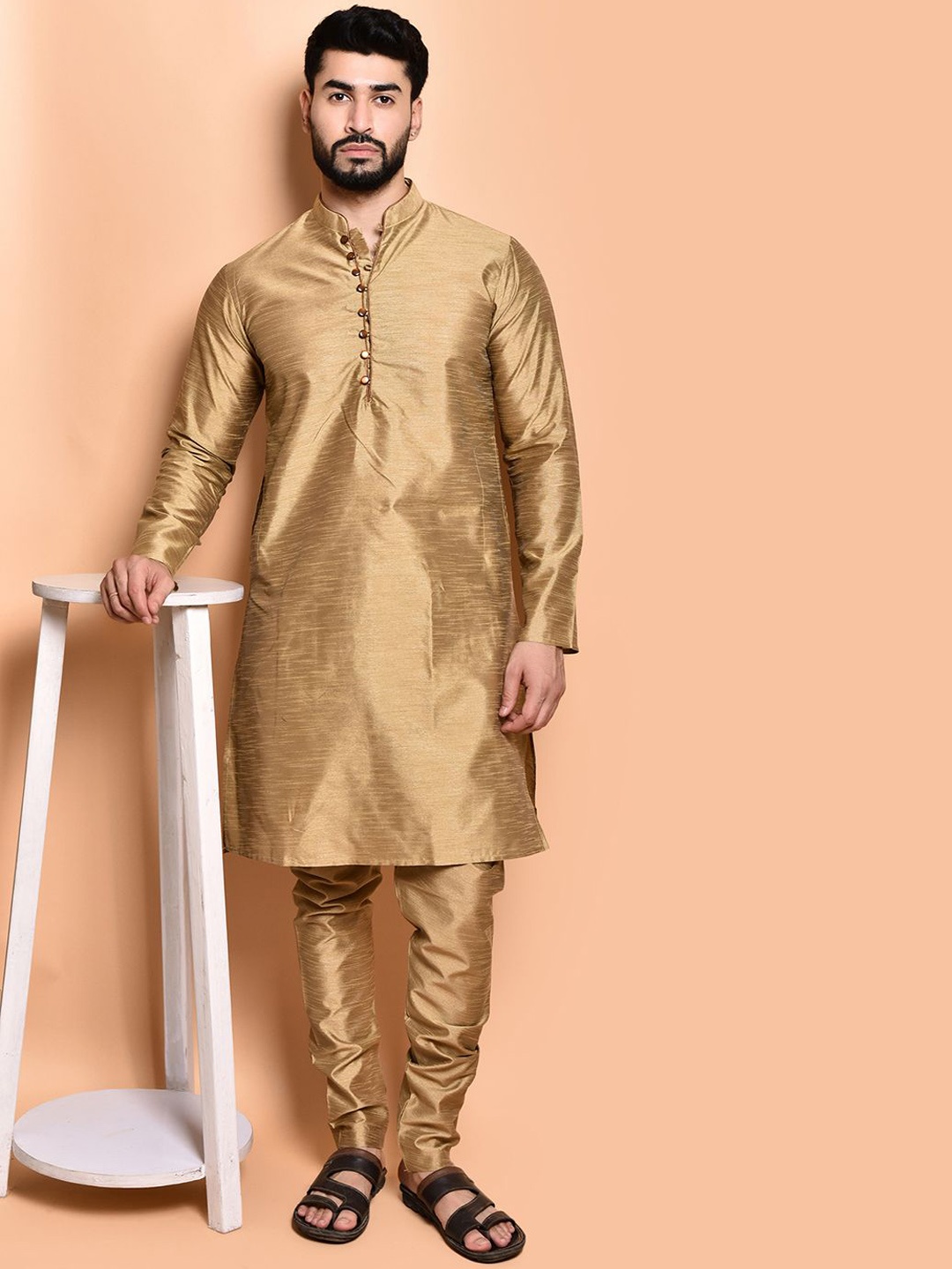 

PRINTCULTR Men Regular Pure Silk Kurta with Trousers, Gold