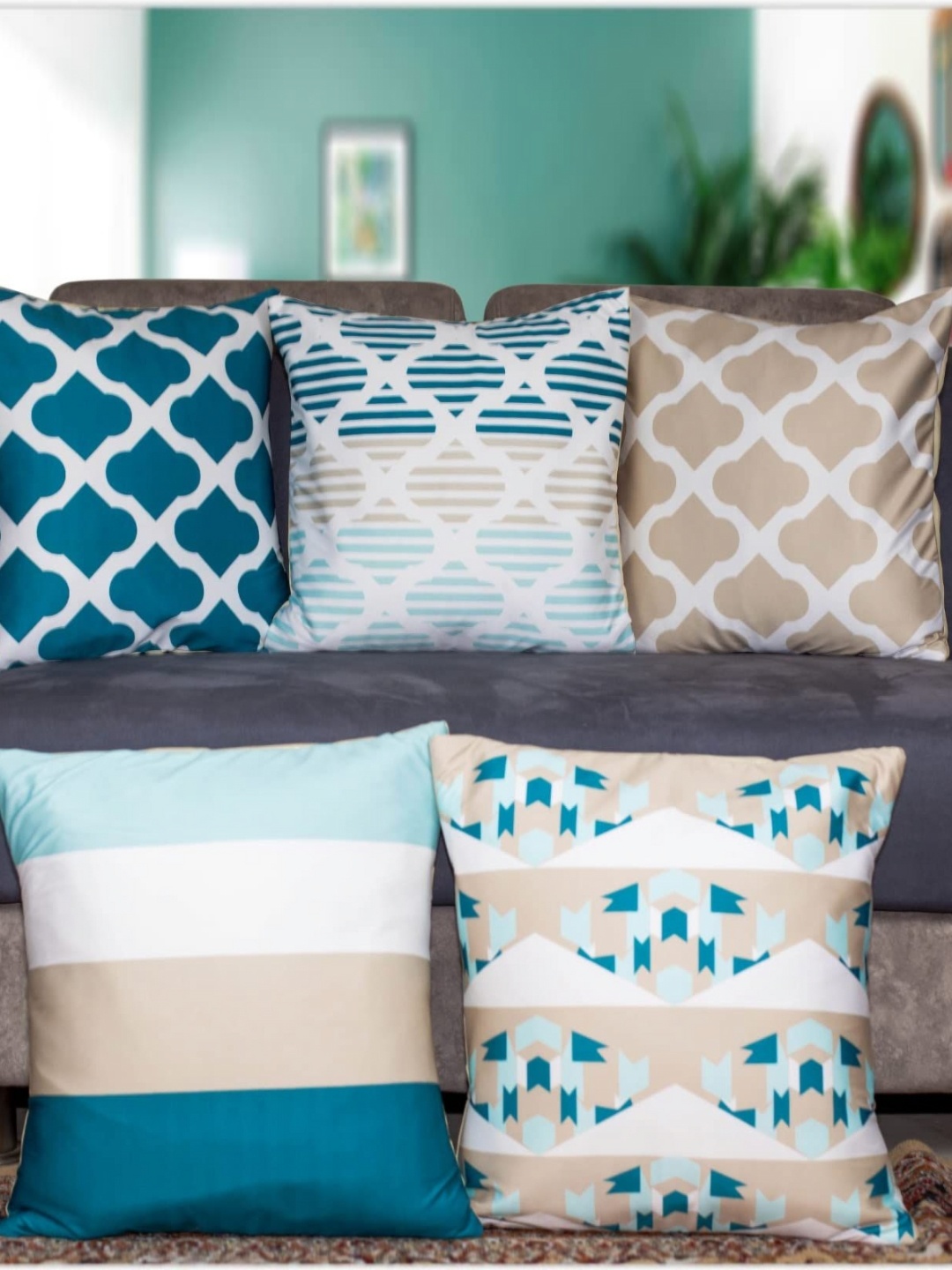 

Vendola Blue & White 5 Pieces Geometric Square Cushion Covers