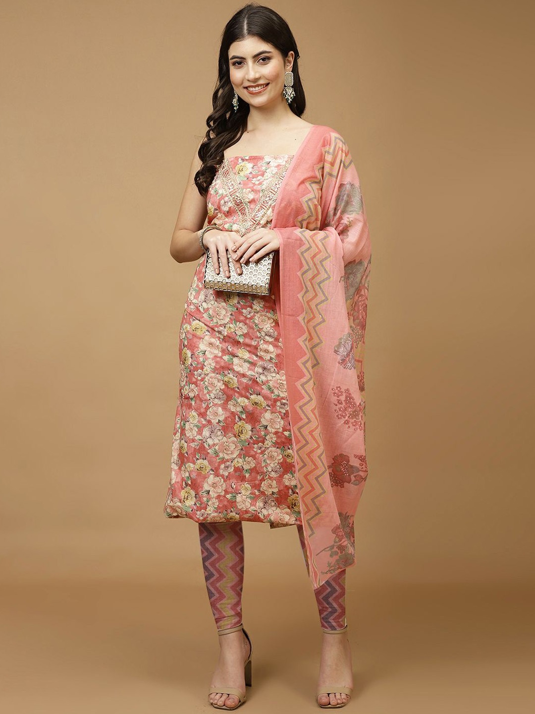 

Meena Bazaar Printed Unstitched Dress Material, Pink