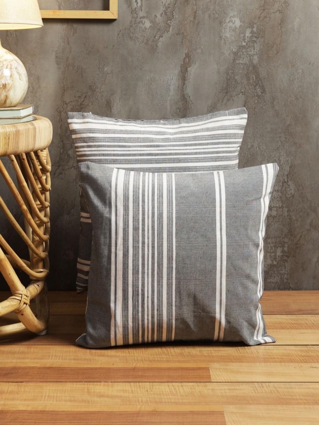 

Myntra Elegant Homes Grey & White 2 Pieces Striped Square Cushion Covers