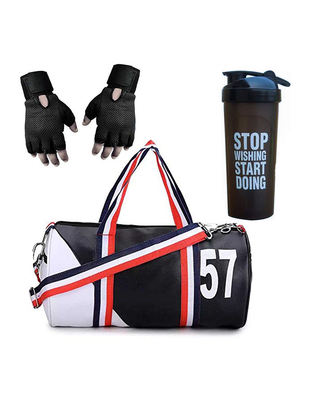 

GROUPERS Printed Medium Foldable Gym Duffel Bag with Shaker Bottle-700ml & Gloves, Black