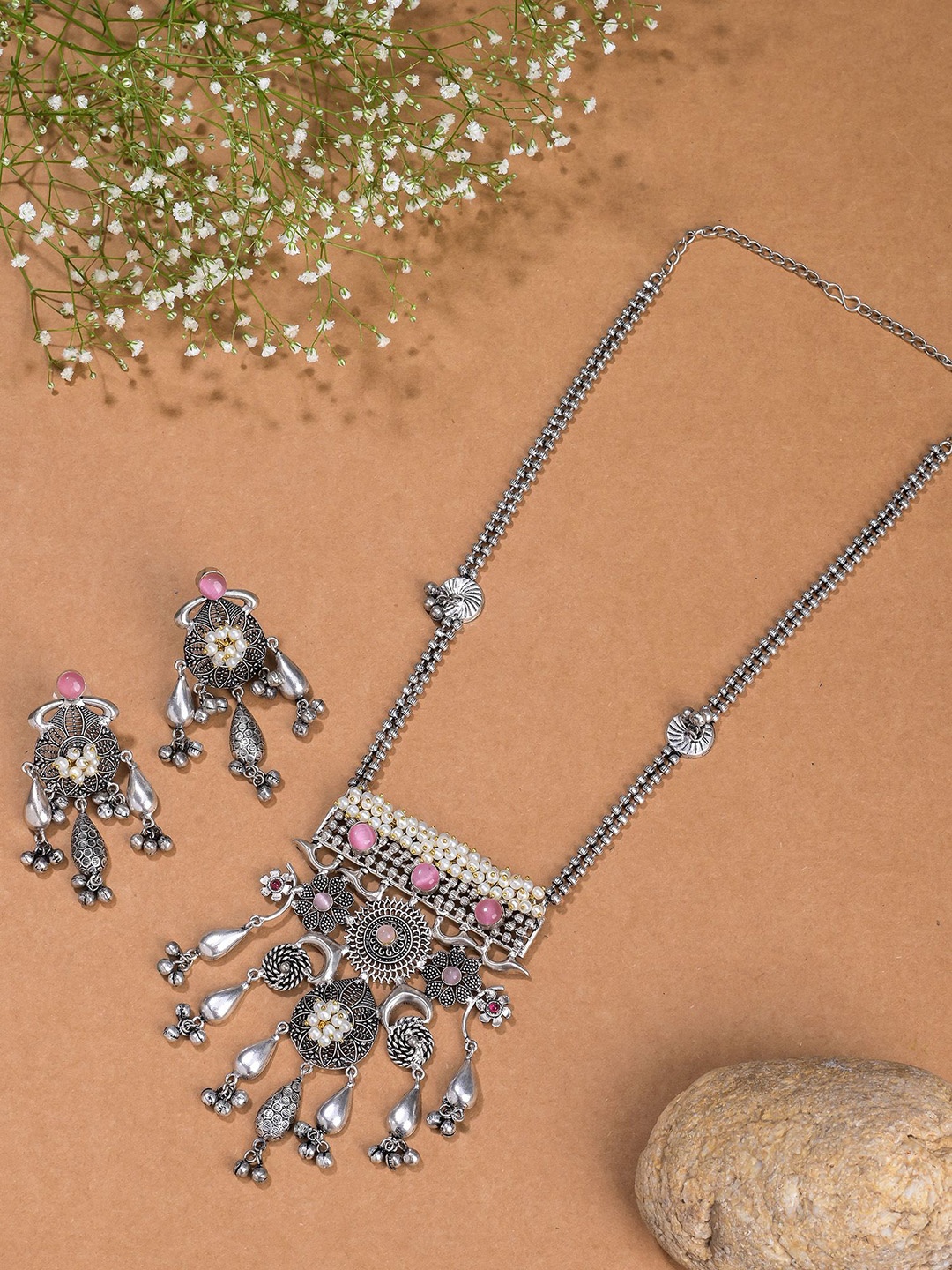 

Designbox Stones Studded & Beaded Oxidised Long Jewellery Set, Silver