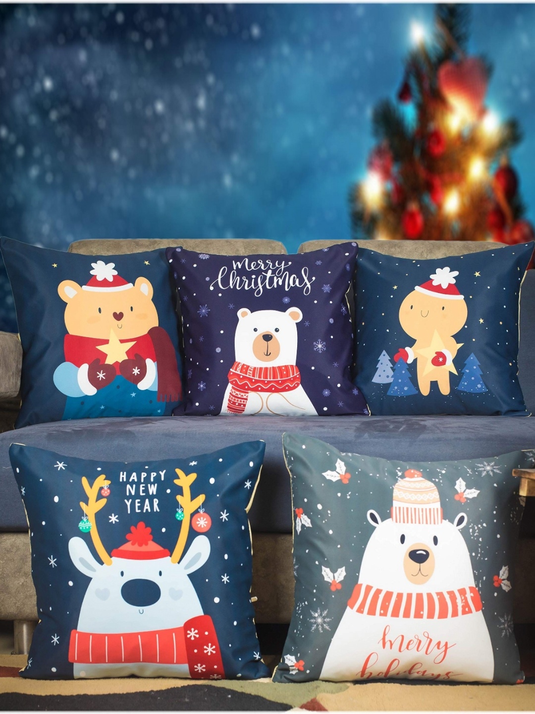 

Vendola Grey & Blue 5 Pieces Cartoon Characters Square Cushion Covers