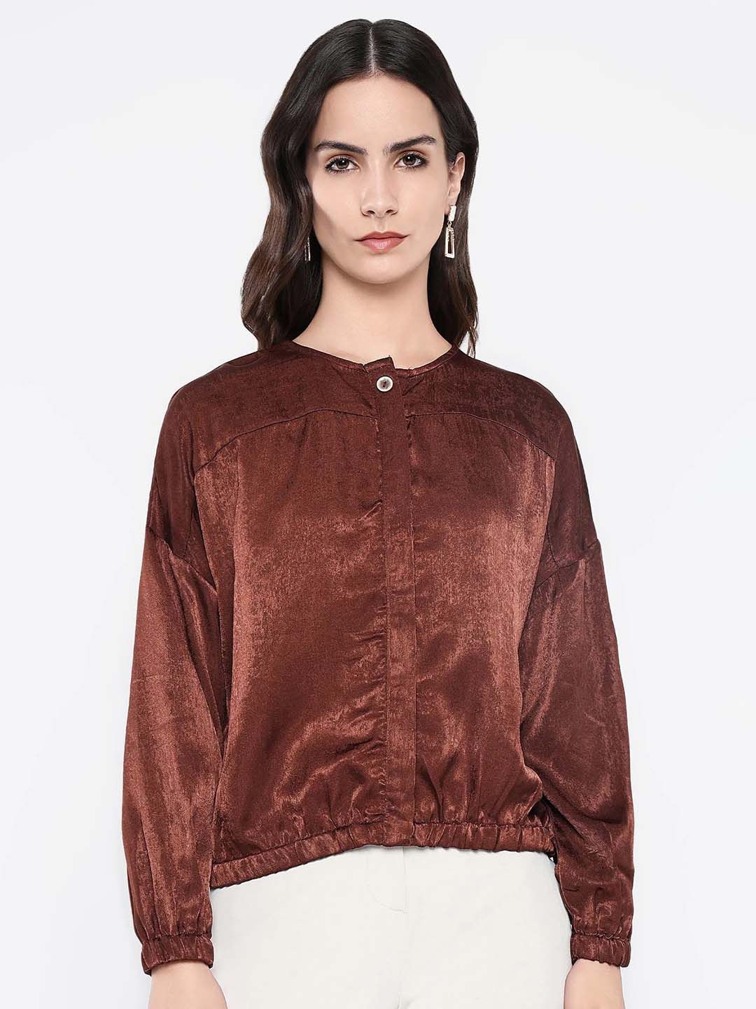 

RAREISM Women Solid Round Neck Top, Brown