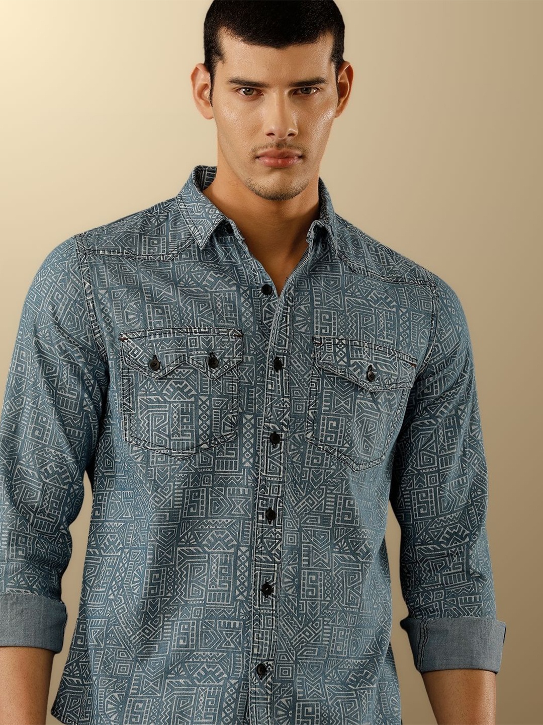 

TEMPLE OF DENIM Men India Slim Spread Collar Solid Denim Casual Shirt, Blue