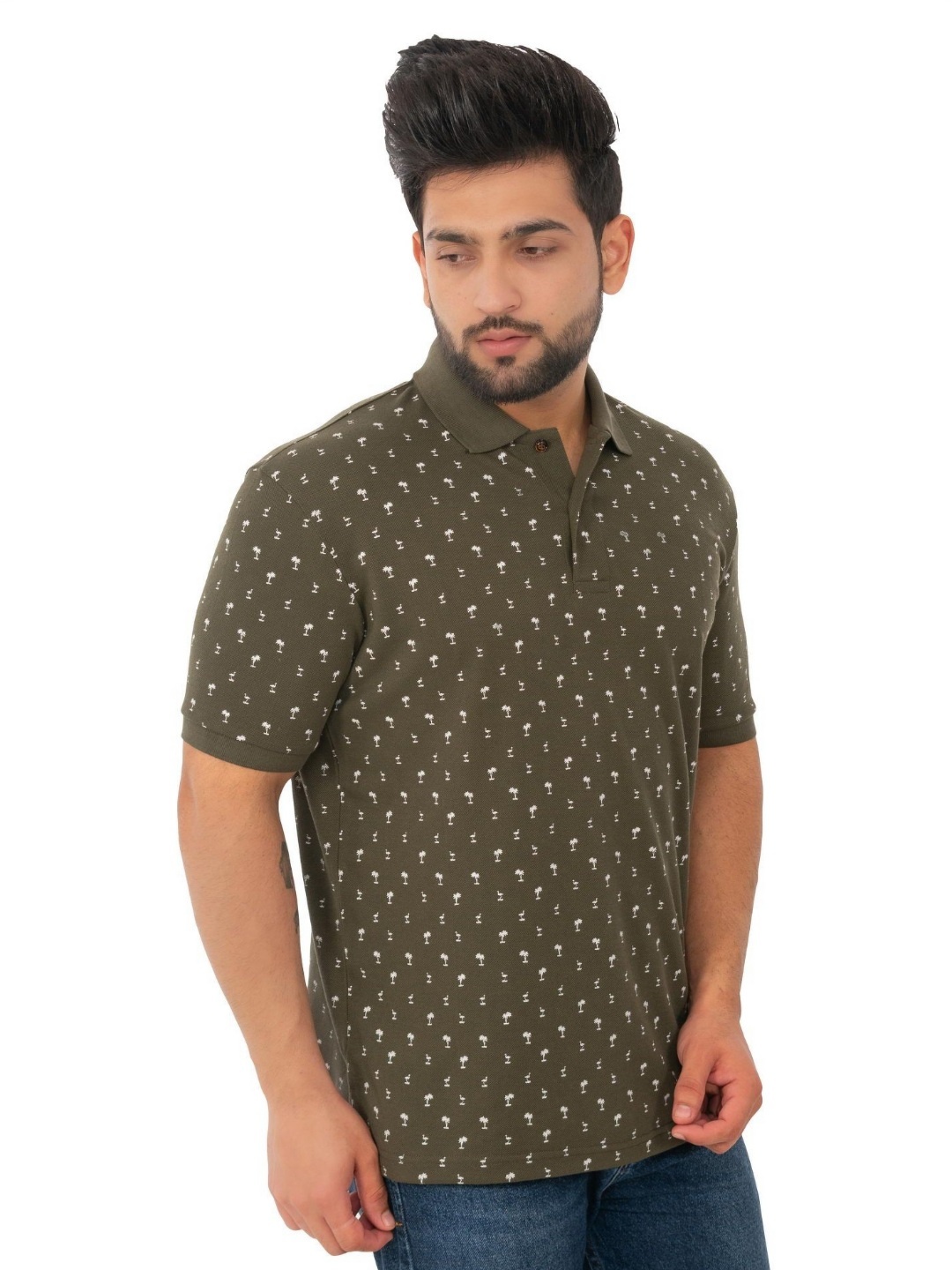 

WILD COPS Men Printed Polo Collar T-shirt, Olive