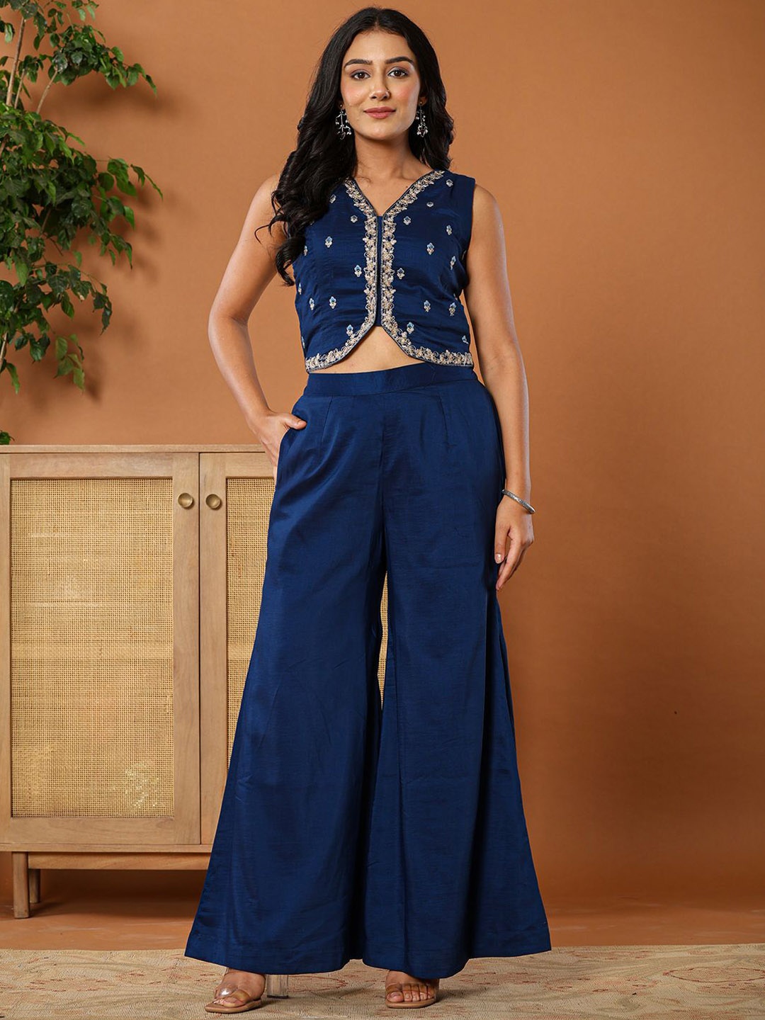 

Yufta Floral Embroidered Cotton Silk Top With Palazzos, Navy blue