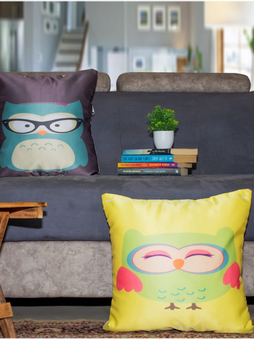 

Vendola Yellow & Purple 2 Pieces Owls Quirky Printed Satin Square Cushion Covers