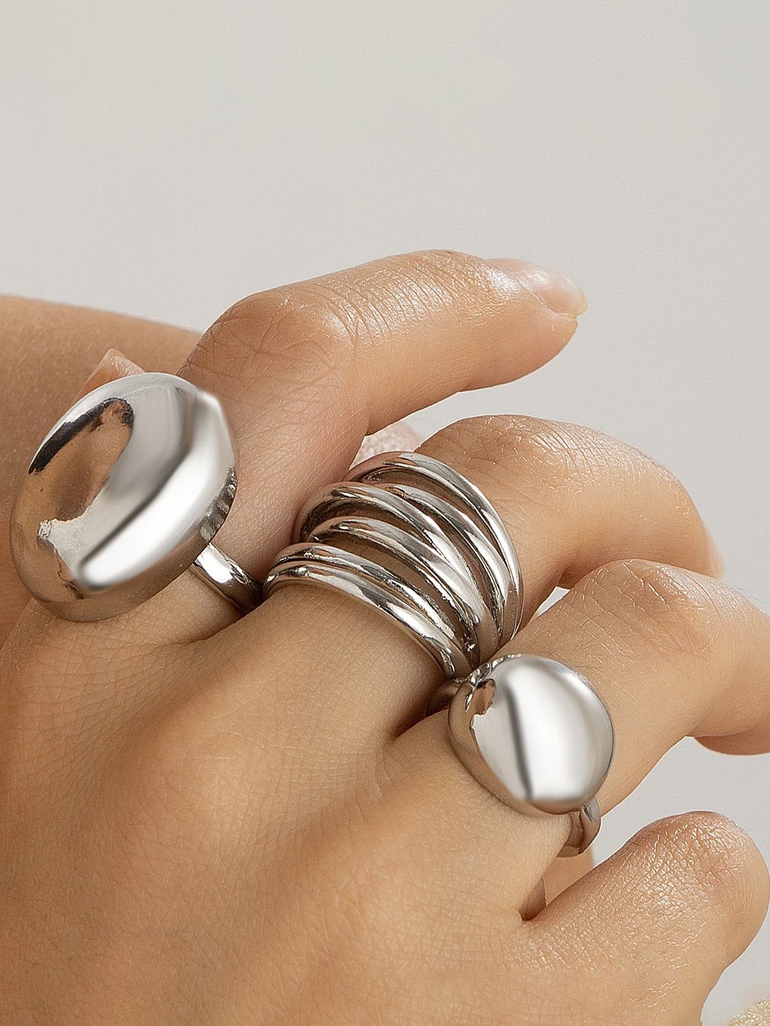 

Jewels Galaxy Set Of 3 Silver Plated Midi Adjustable Finger Rings