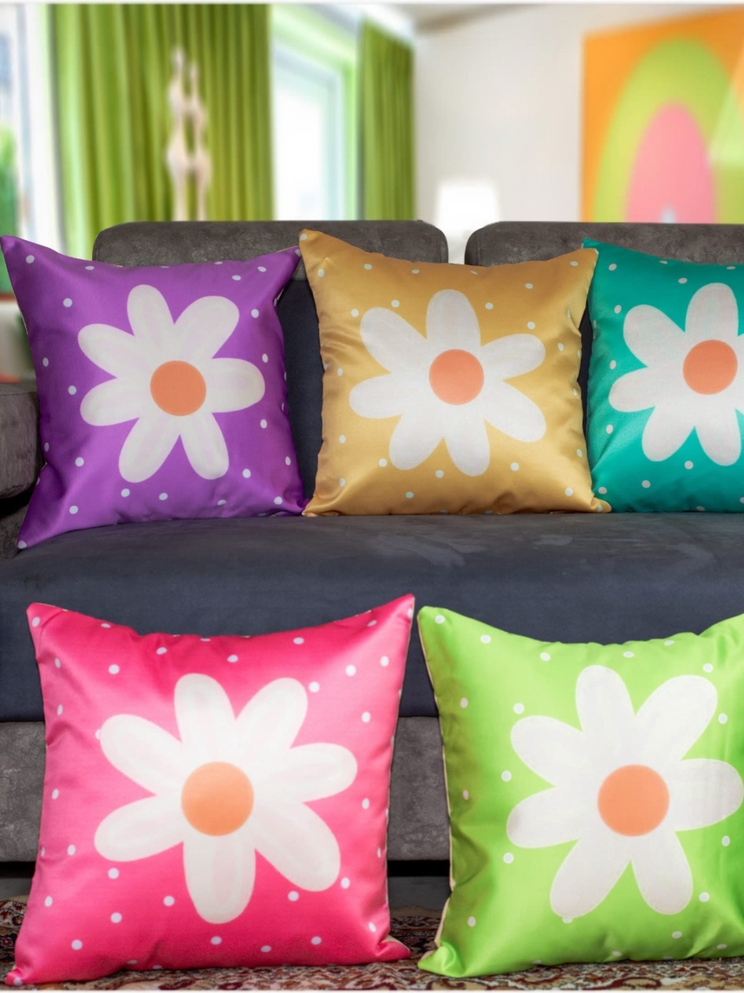 

Vendola Blue & White 5 Pieces Floral Printed Satin Square Cushion Covers