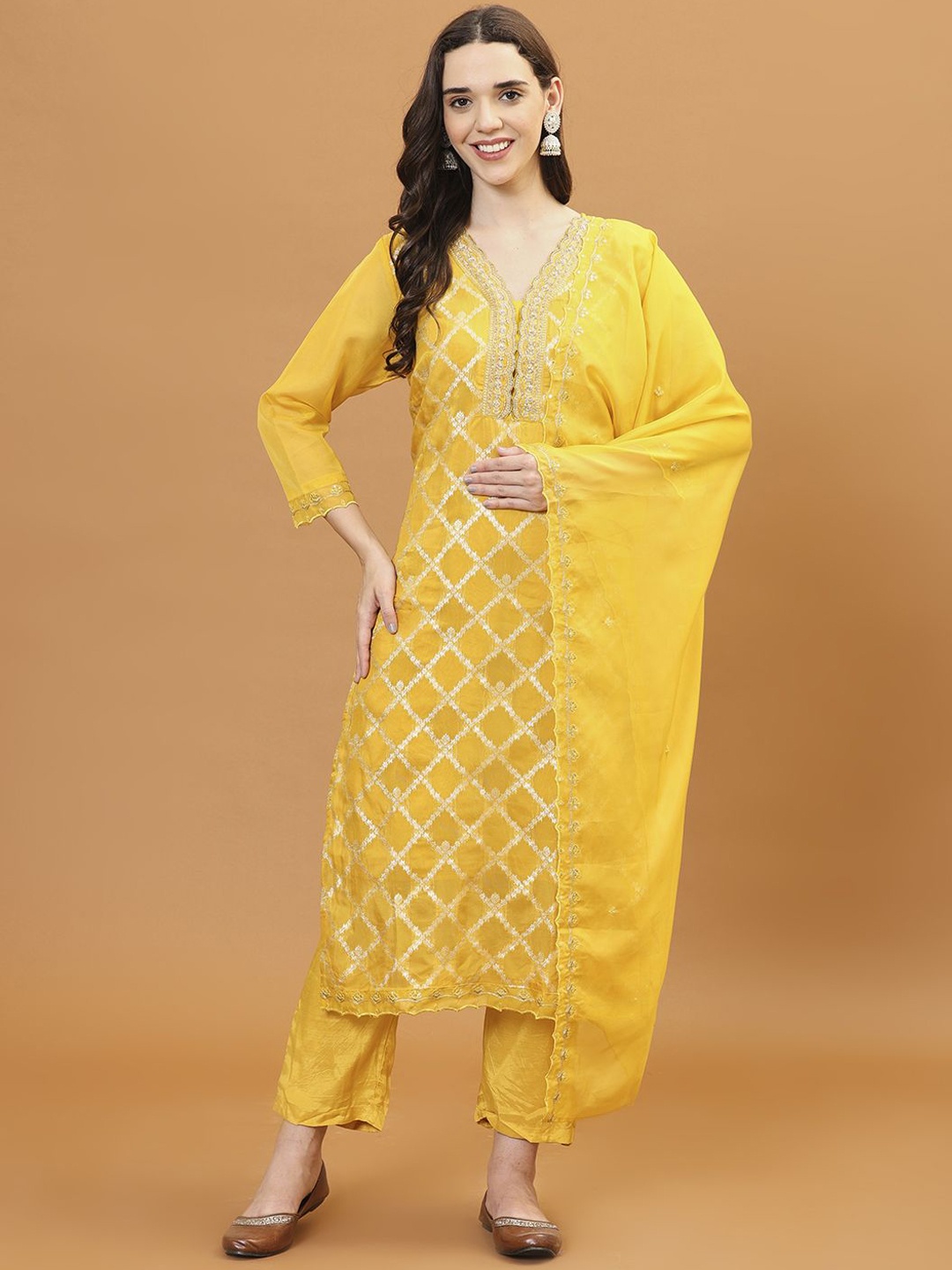 

Meena Bazaar Geometric Woven Design Organza Straight Kurta with Trousers & Dupatta, Mustard