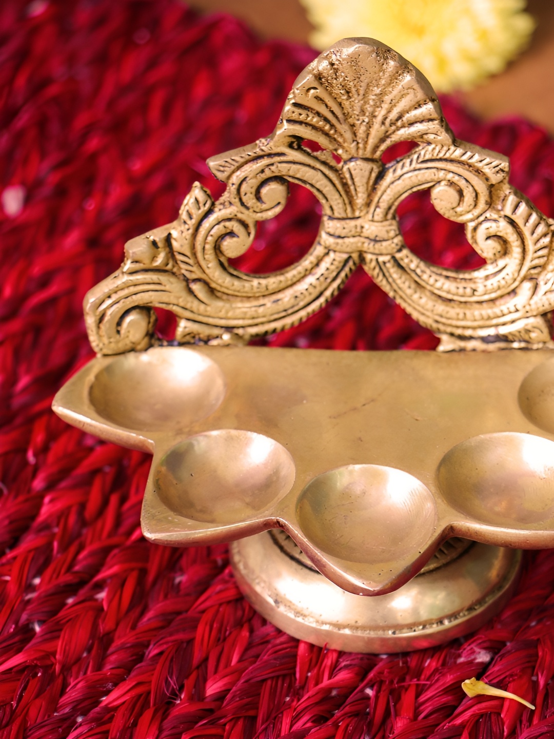 

Ambi Home Yellow Textured Brass Panchmukhi Diya, Gold