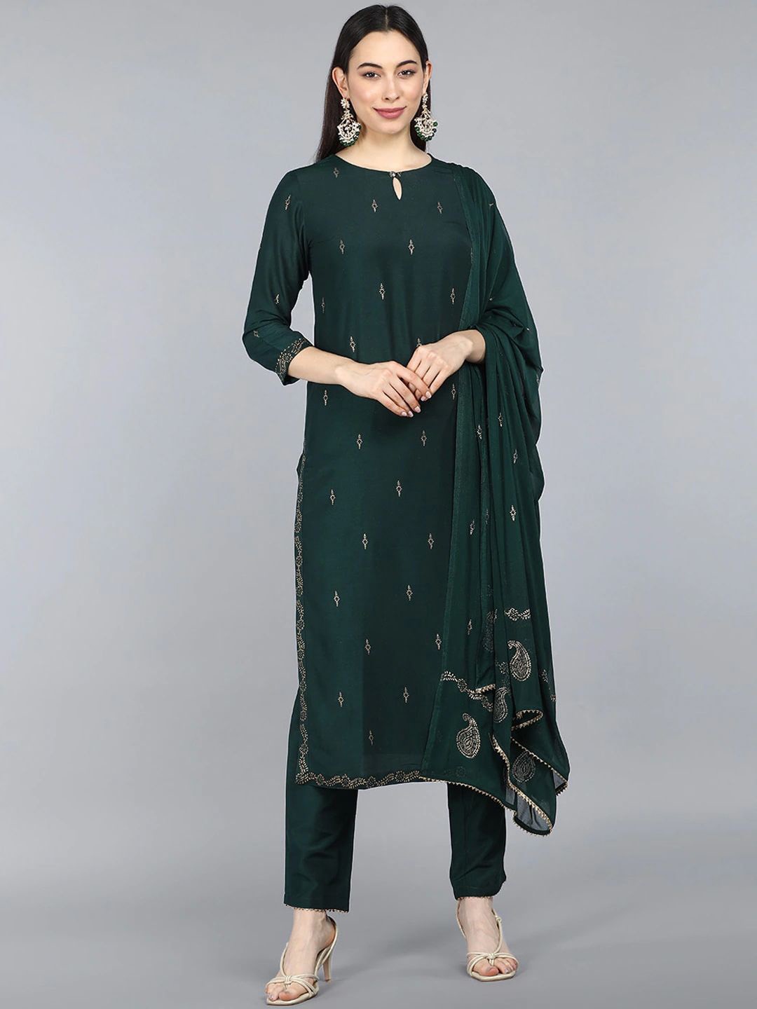 

AHIKA Women Ethnic Motifs Printed Regular Kurta with Trousers & With Dupatta, Green