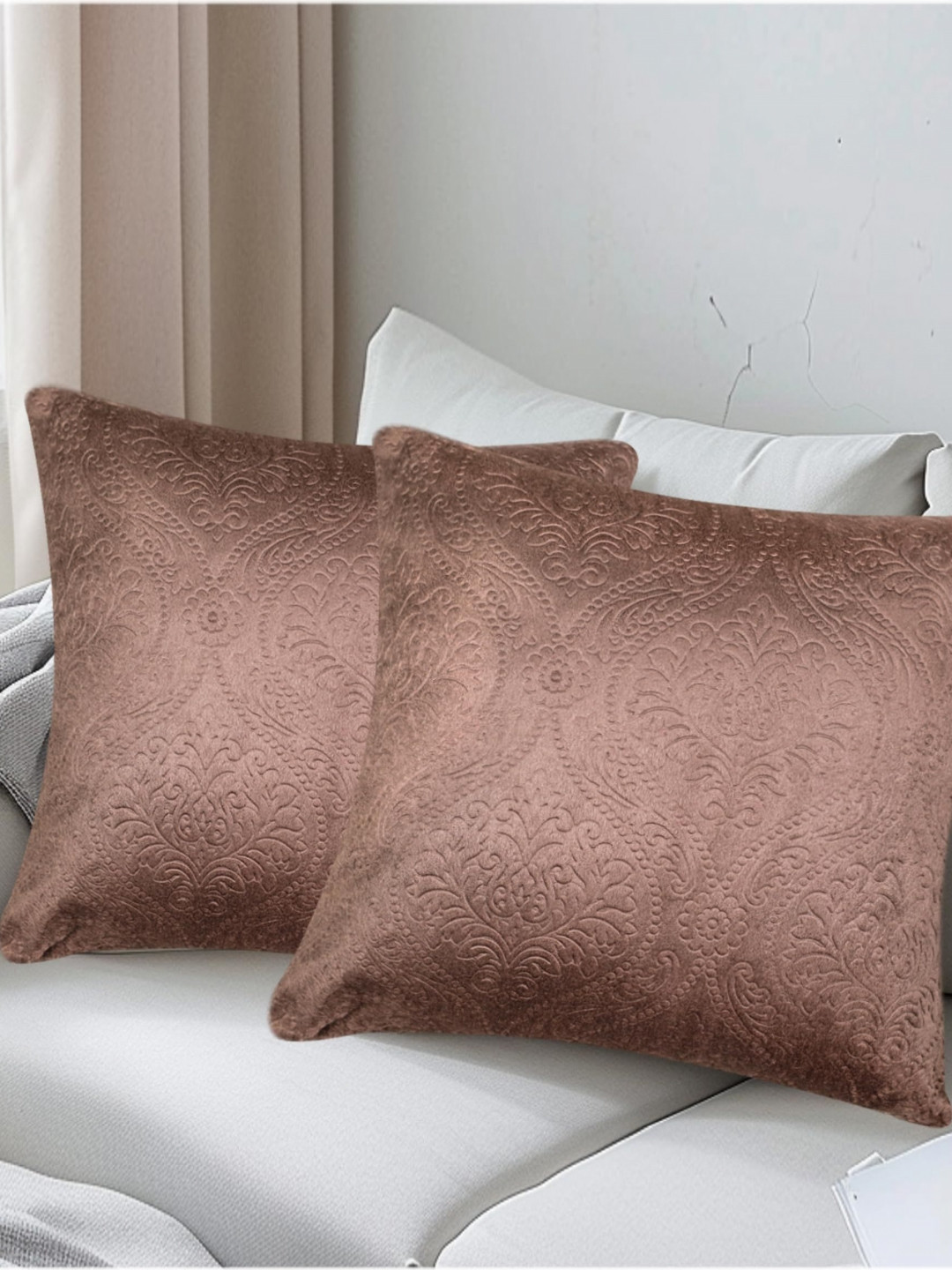 

Vendola Brown 2 Pieces Ethnic Motifs Velvet Square Cushion Covers