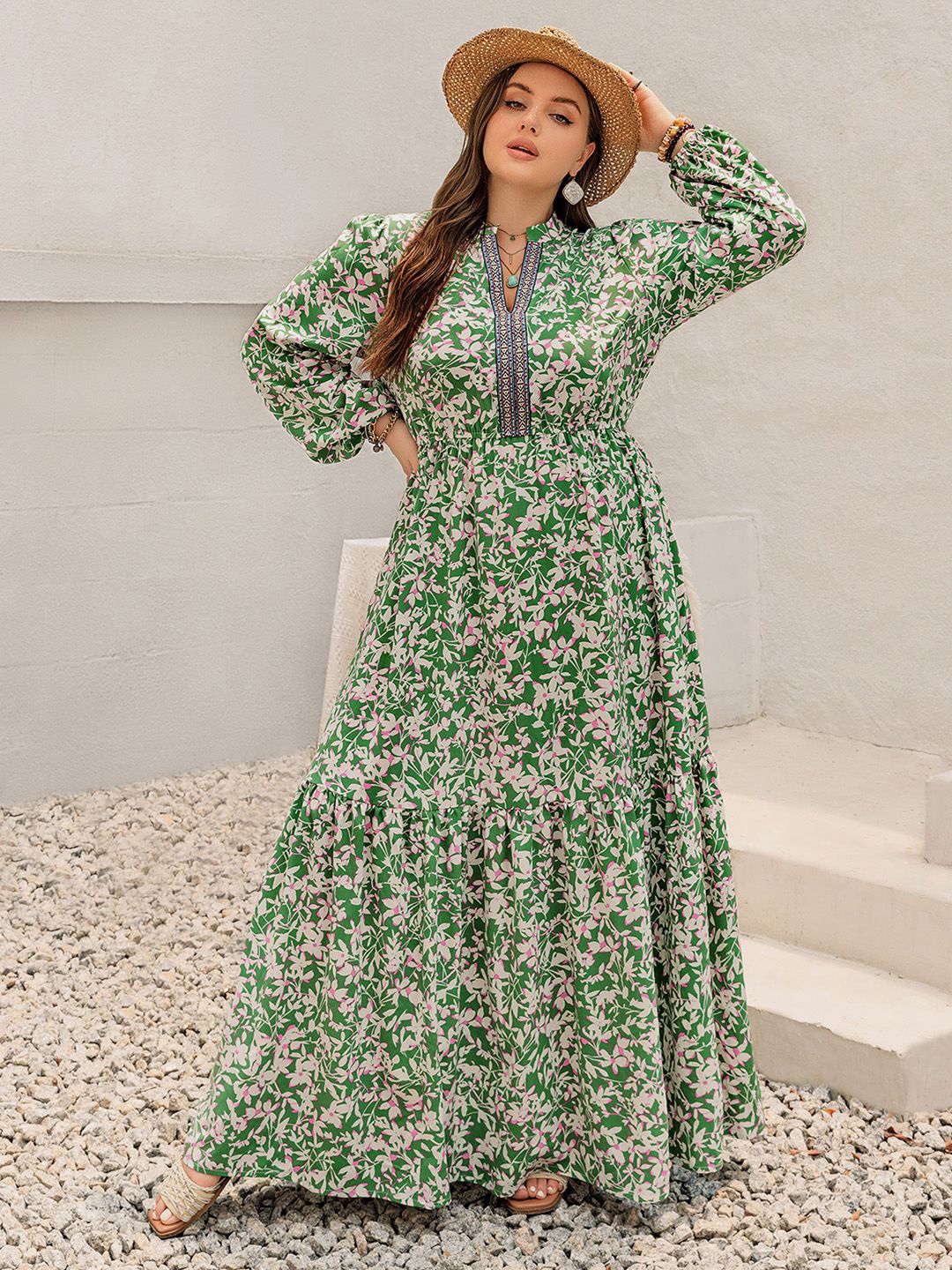 

JC Mode Women Puff Sleeves Floral Printed Maxi Dress, Green