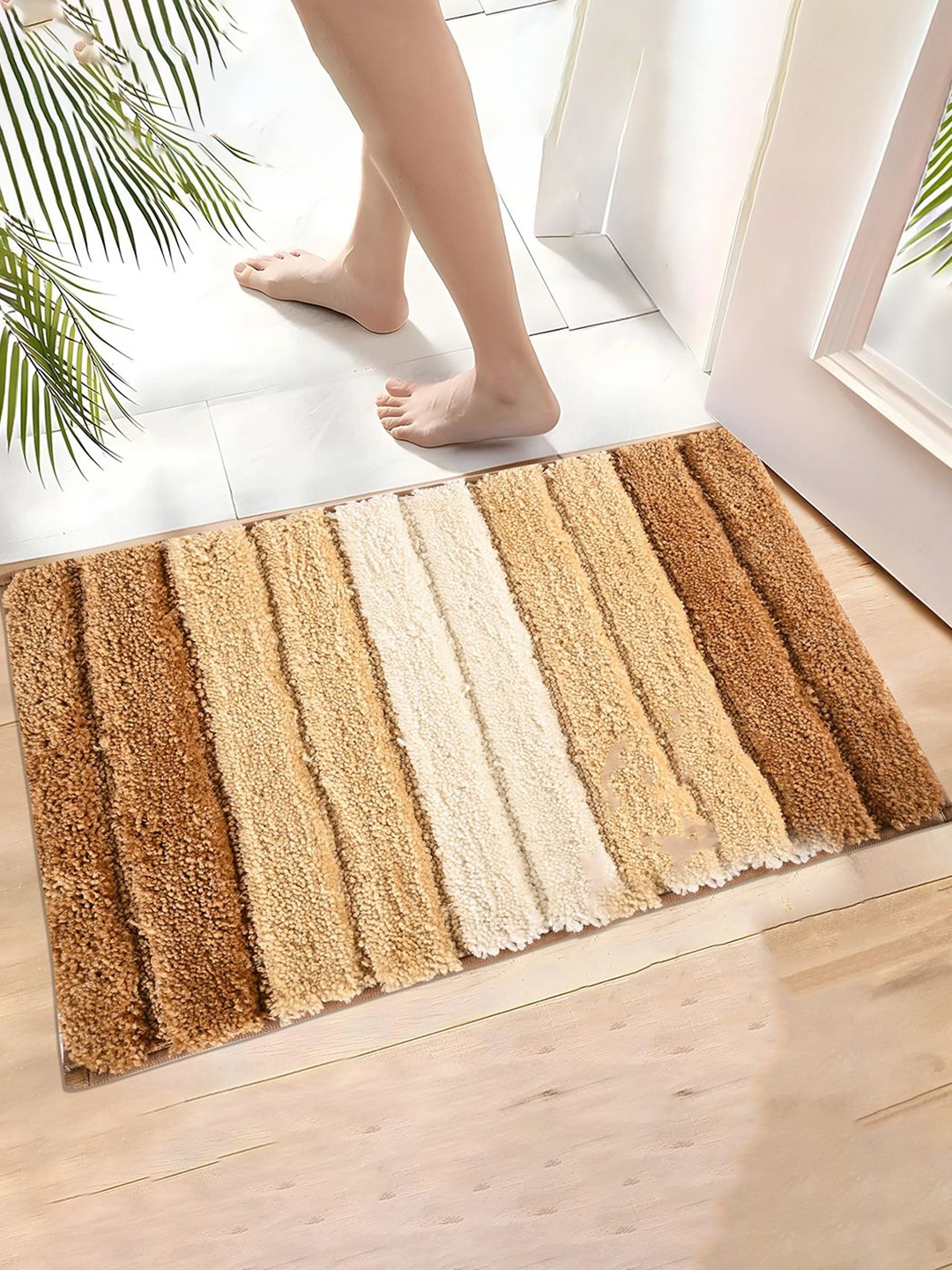 

Kuber Industries Cream & Brown 6 Pieces Textured Microfiber Anti-Slip Doormats