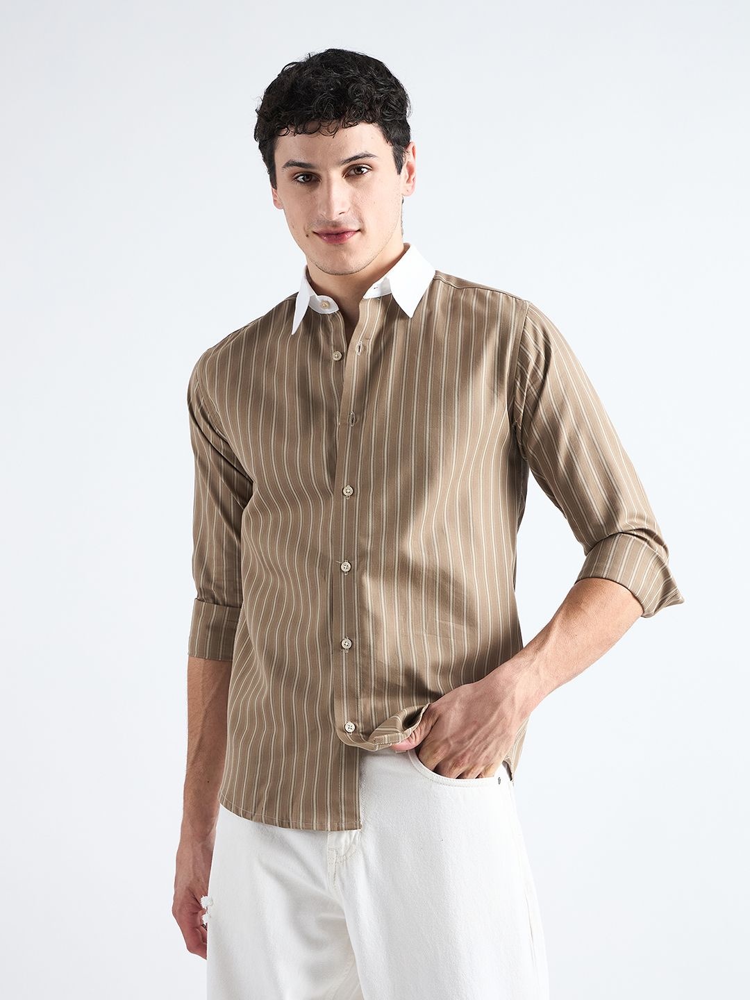 

all yours Men Classic Slim Fit Opaque Striped Formal Shirt, Olive