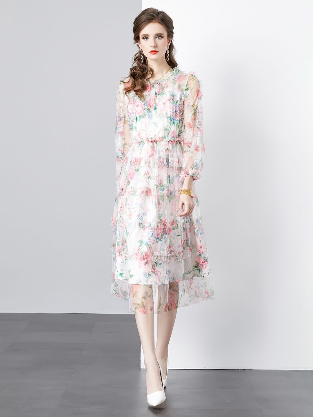 

JC Collection Women Floral Print Puff Sleeve Fit & Flare Midi Dress, White