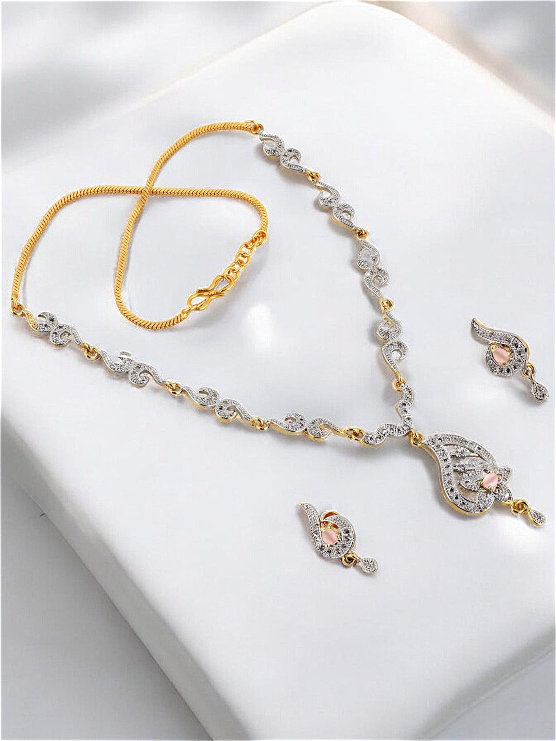 

LUCKY JEWELLERY 18K Gold-Plated American Diamond Stone-Studded Jewellery Set