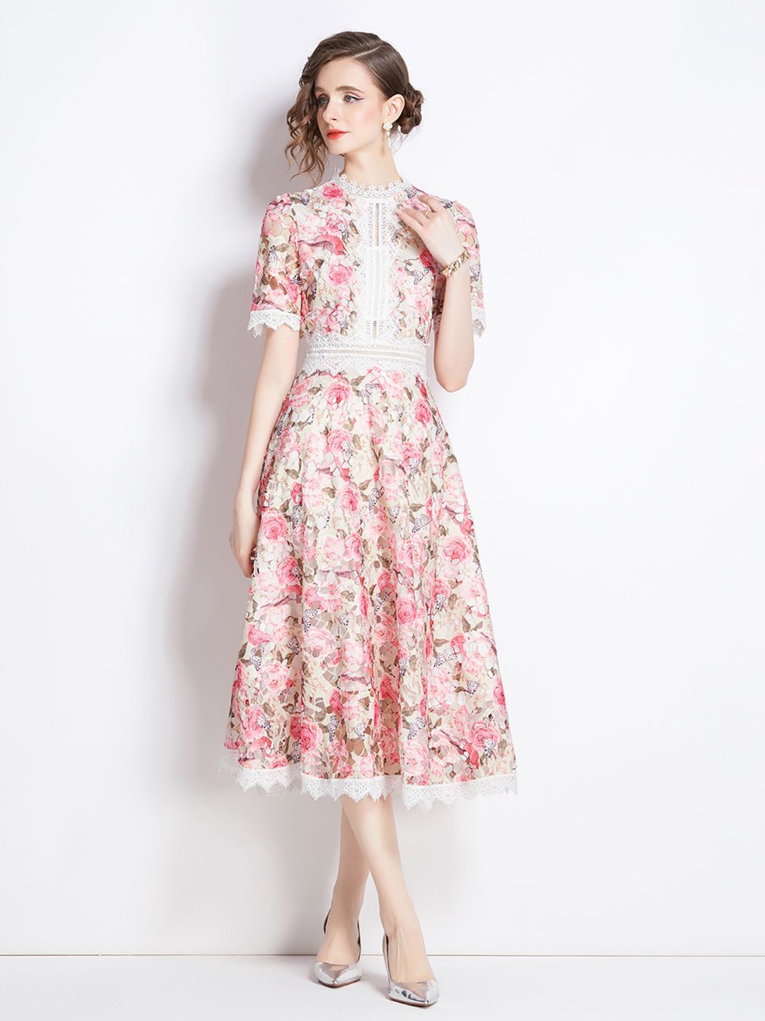 

JC Collection Women Floral Printed Round Neck Fit & Flare Dress, Beige