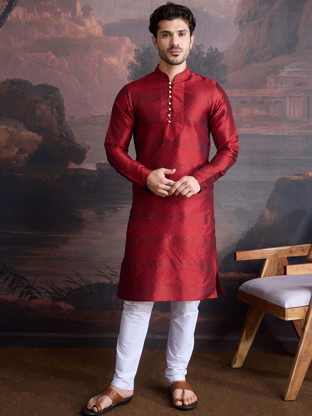 

House of Pataudi Ethnic Motifs Woven Design Mandarin Collar Straight Kurta, Red
