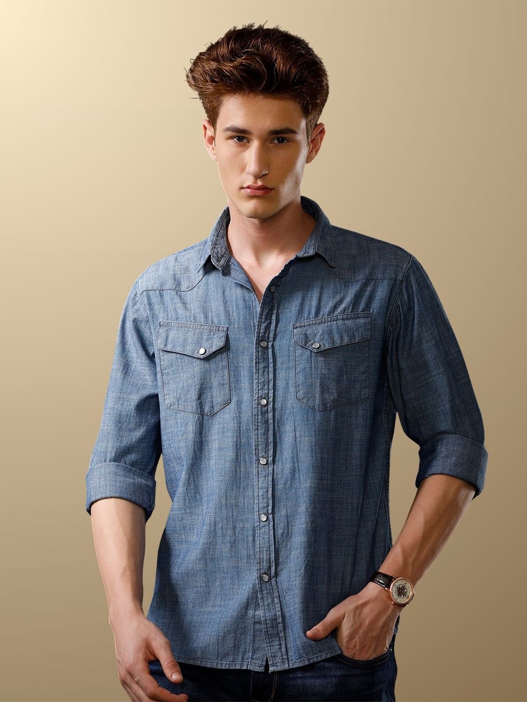 

TEMPLE OF DENIM Men India Slim Spread Collar Solid Denim Casual Shirt, Blue