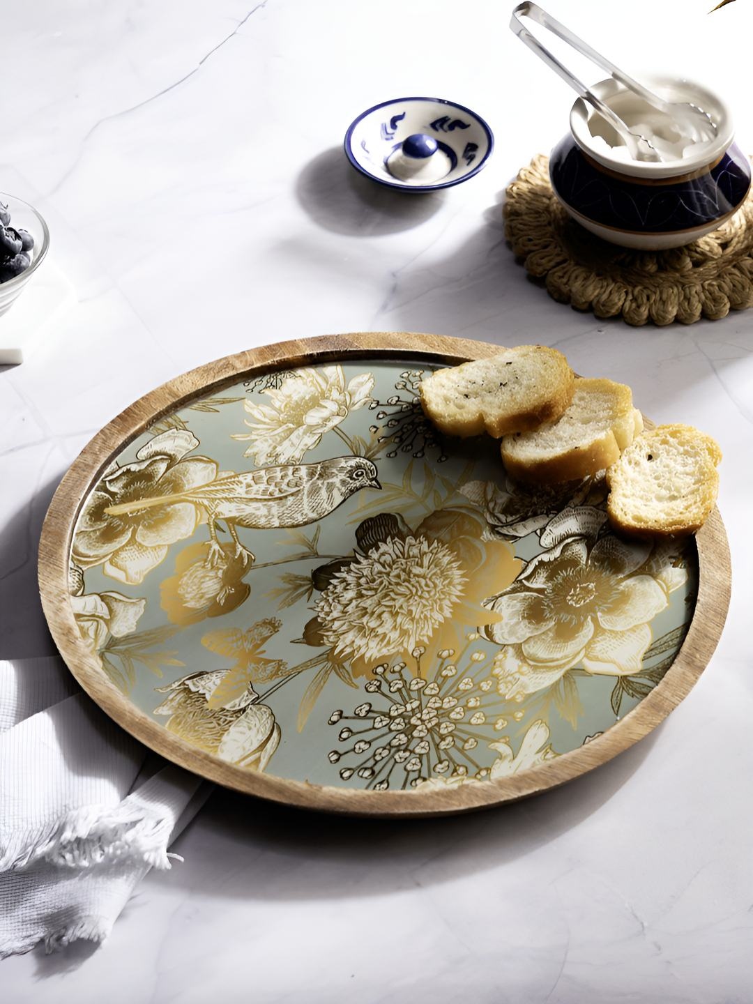 

DULI Grey & Gold Toned Bird Floral Printed Wooden Serving Tray