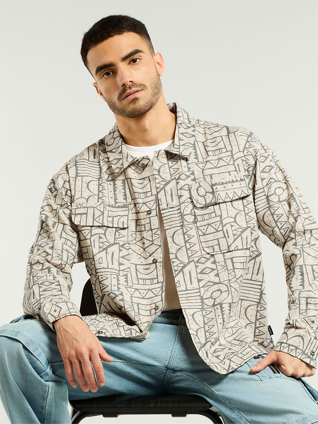 

Beyoung Abstract Print Shacket, Grey