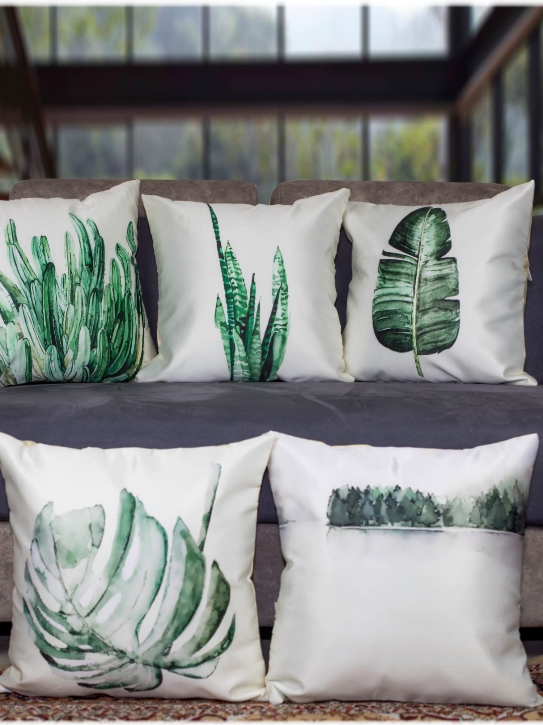 

Vendola White & Green 5 Pieces Floral Square Cushion Covers
