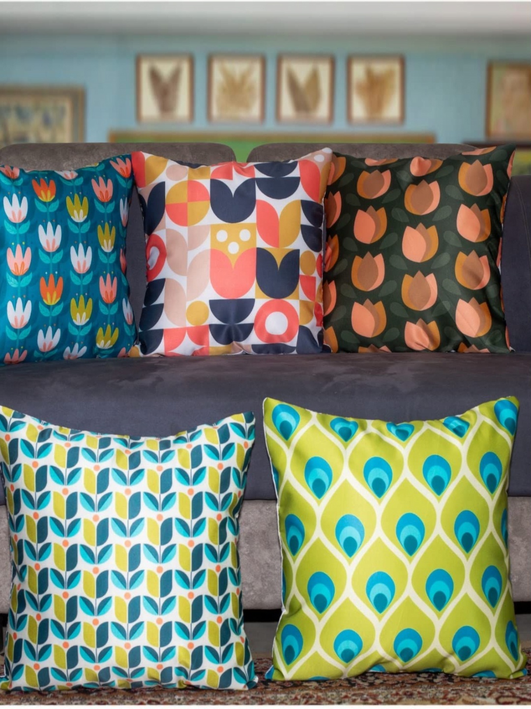 

Vendola Blue & Green 5 Pieces Ethnic Motifs Printed Satin Square Cushion Covers