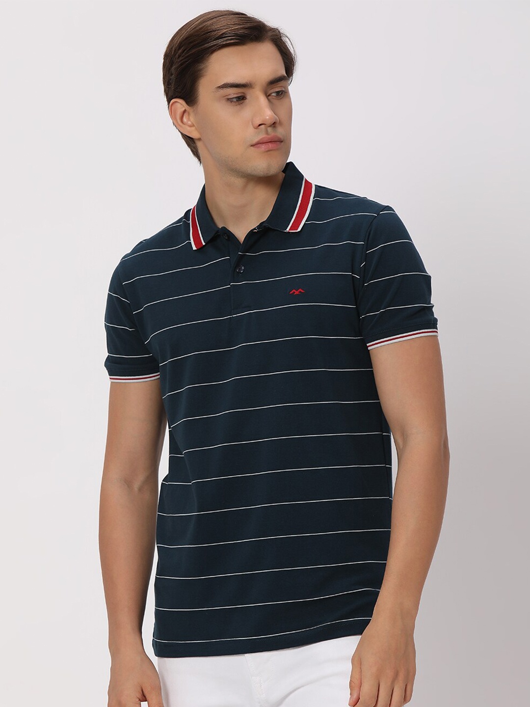 

Mufti Striped Polo Collar Slim Fit Cotton Casual T-Shirt, Navy blue