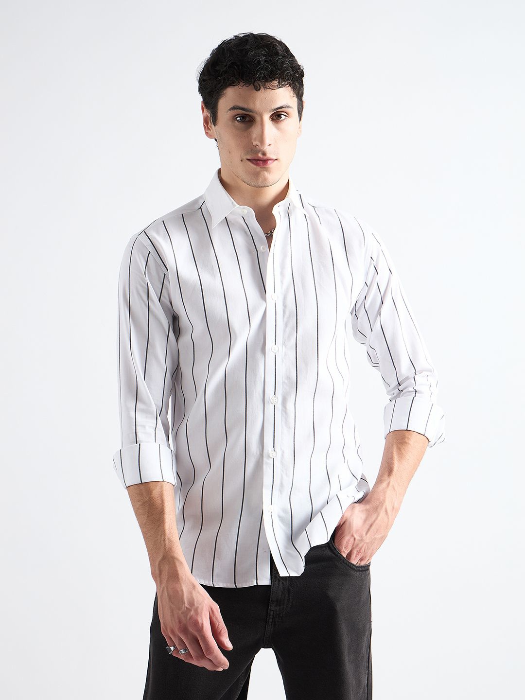 

all yours Men Classic Slim Fit Pinstripes Opaque Striped Formal Shirt, White