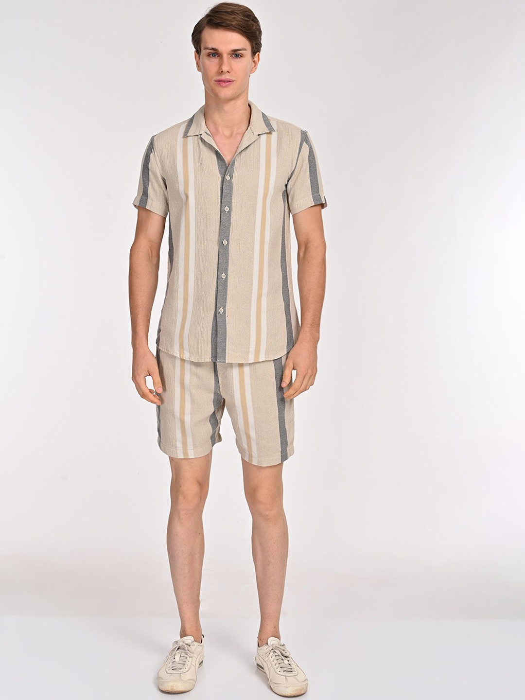 

POE Striped Pure Cotton Shirt With Shorts Co-Ords, Beige