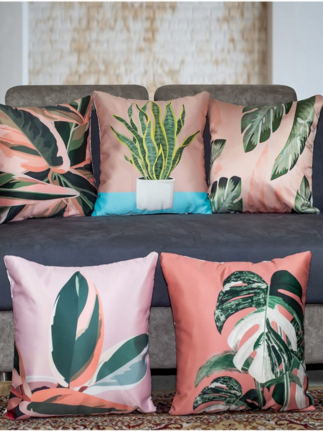 

Vendola Pink & Green 5 Pieces Floral Printed Satin Square Cushion Covers