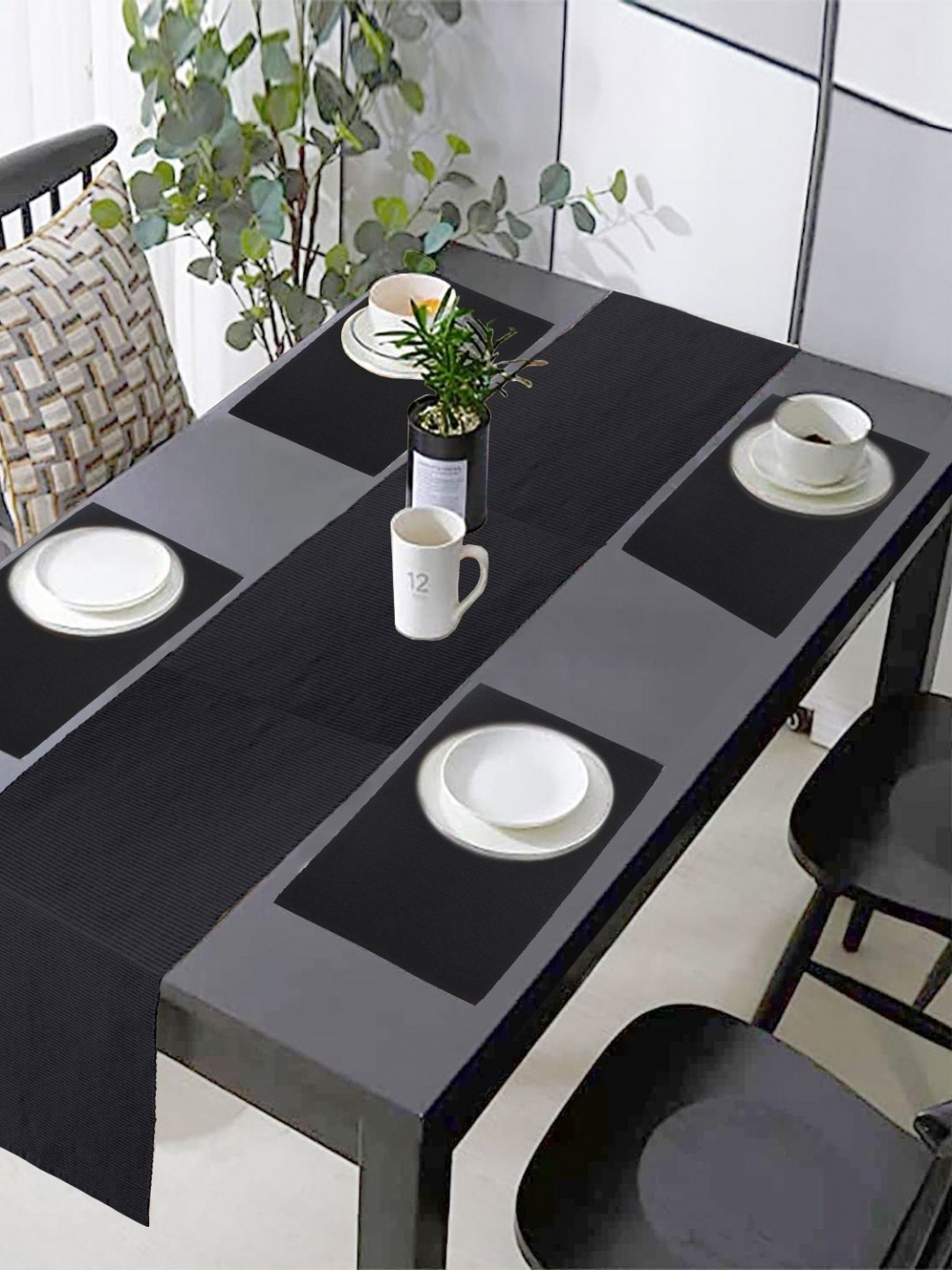 

Lushomes Grey 5 Pieces Cotton Textured Table Linen Set, Black