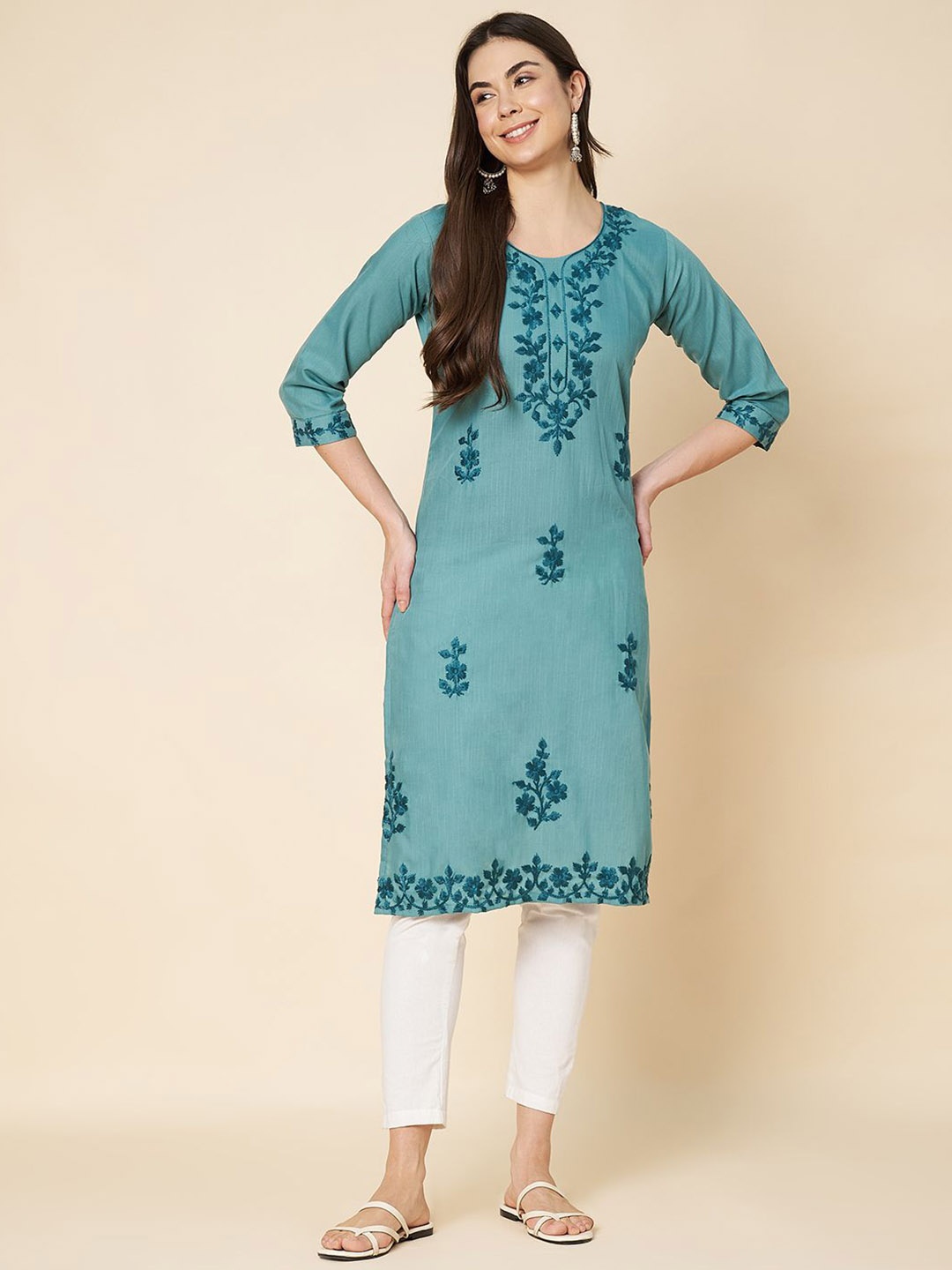 

Ekasya Floral Embroidered Three-Quarter Sleeves Chikankari Work Regular Cotton Kurta, Turquoise blue