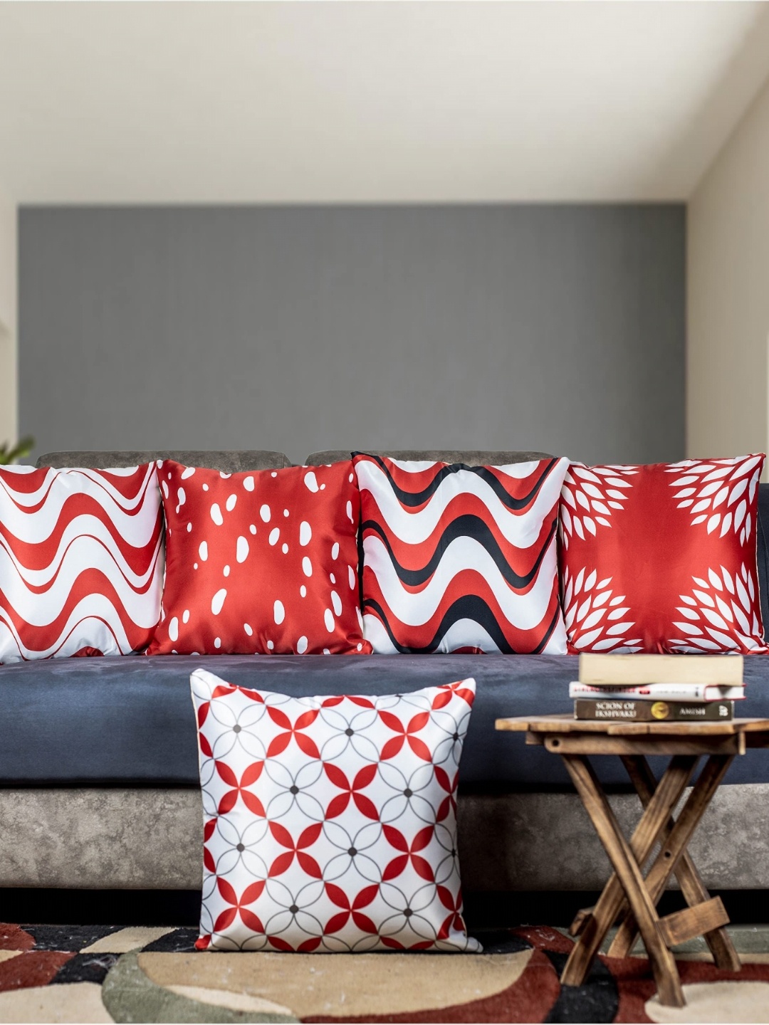

Vendola Red & White 5 Pieces Abstract Square Cushion Covers