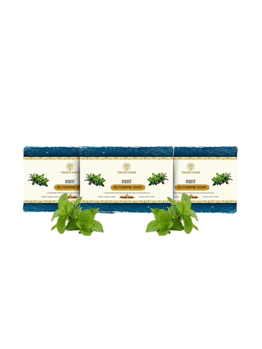 

Vagads Set Of 3 Khadi India Mint Handmade Soap - 375 g Each, Blue