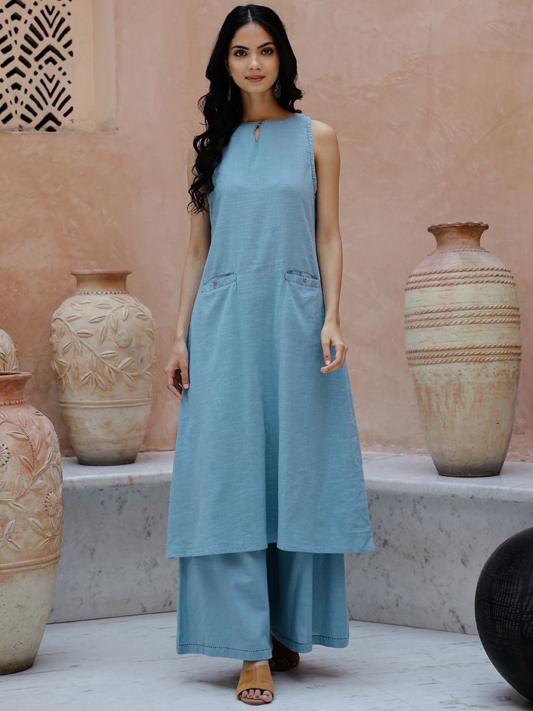 

Sangria Thread Work Detail Keyhole Neck Sleeveless Pure Cotton A-Line Kurta With Trouser, Blue