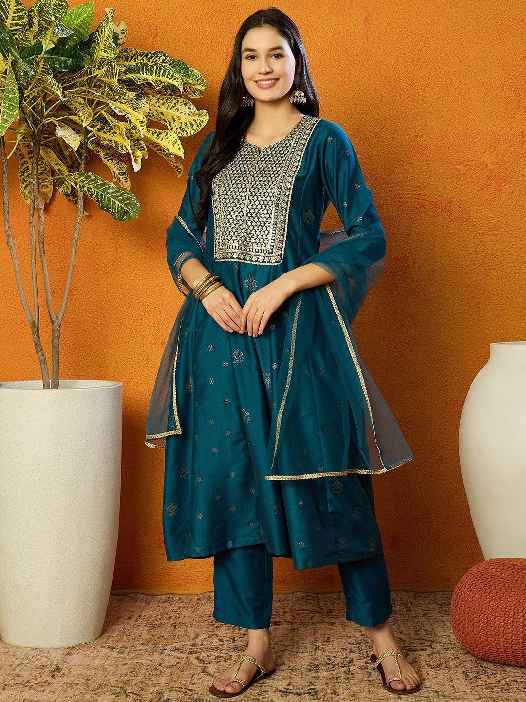 

AHIKA Women Floral Embroidered Panelled Sequinned Kurta with Palazzos & With Dupatta, Teal