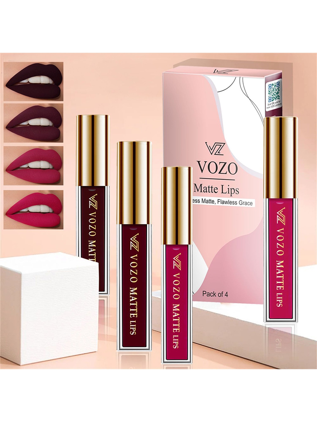 

VOZO Set Of 4 Stay-All-Day Matte Liquid Lipstick-4ml Each-102-103-105-204, Maroon