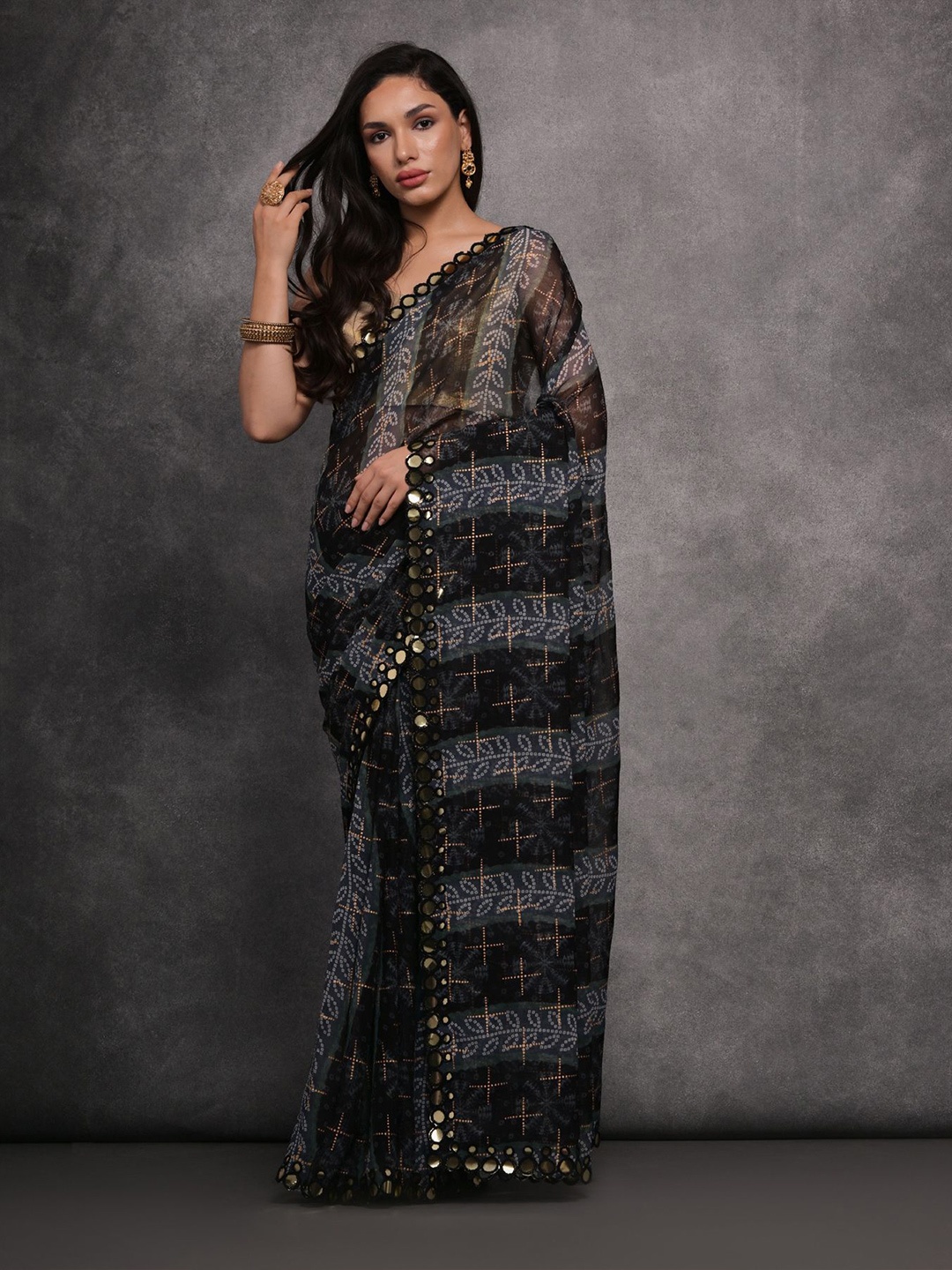 

Mitera Ethnic Motifs Mirror Work Saree, Black