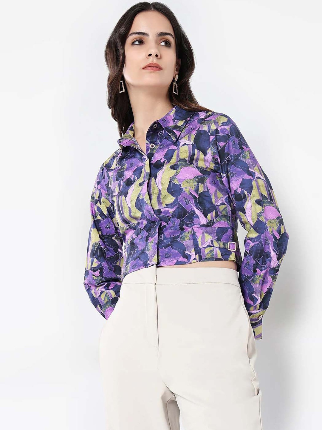 

RAREISM Women Abstract Printed Shirt Collar Cotton Top, Purple