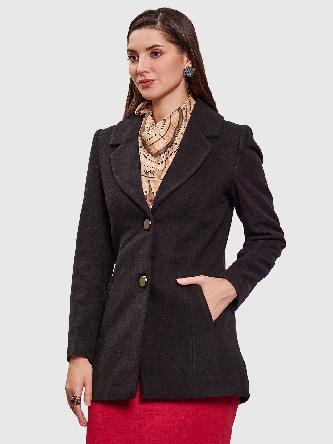 

LURE URBAN Women Notched Lapel Single-Breasted Overcoat, Black