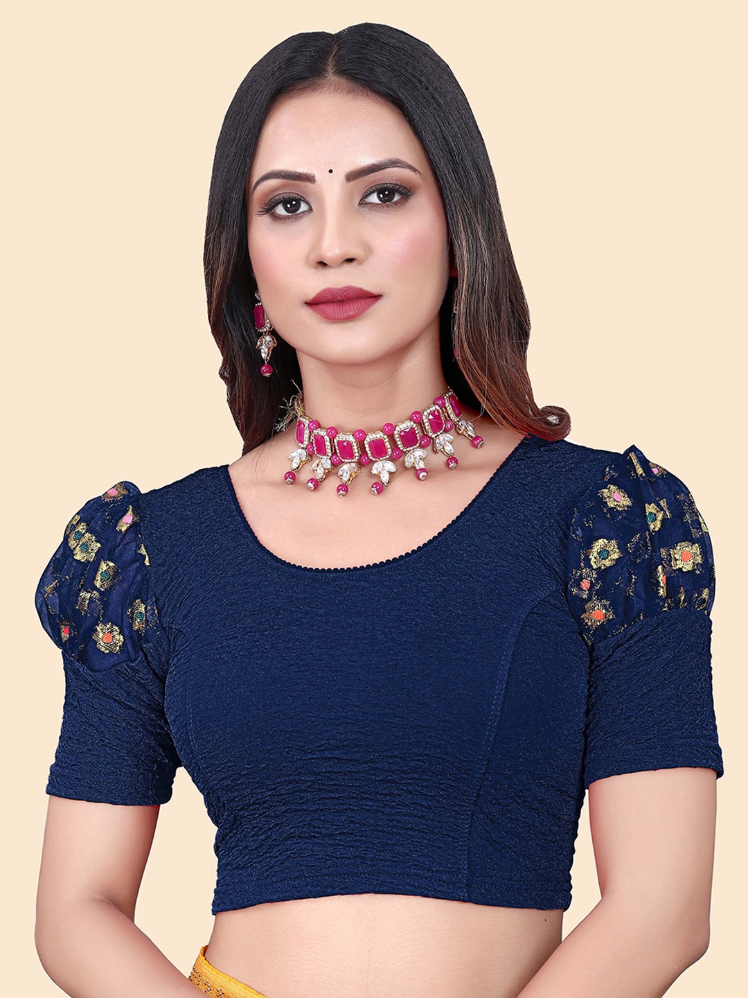 

SHREEJI DESIGNER Short Sleeves Stretchable Saree Blouse, Navy blue