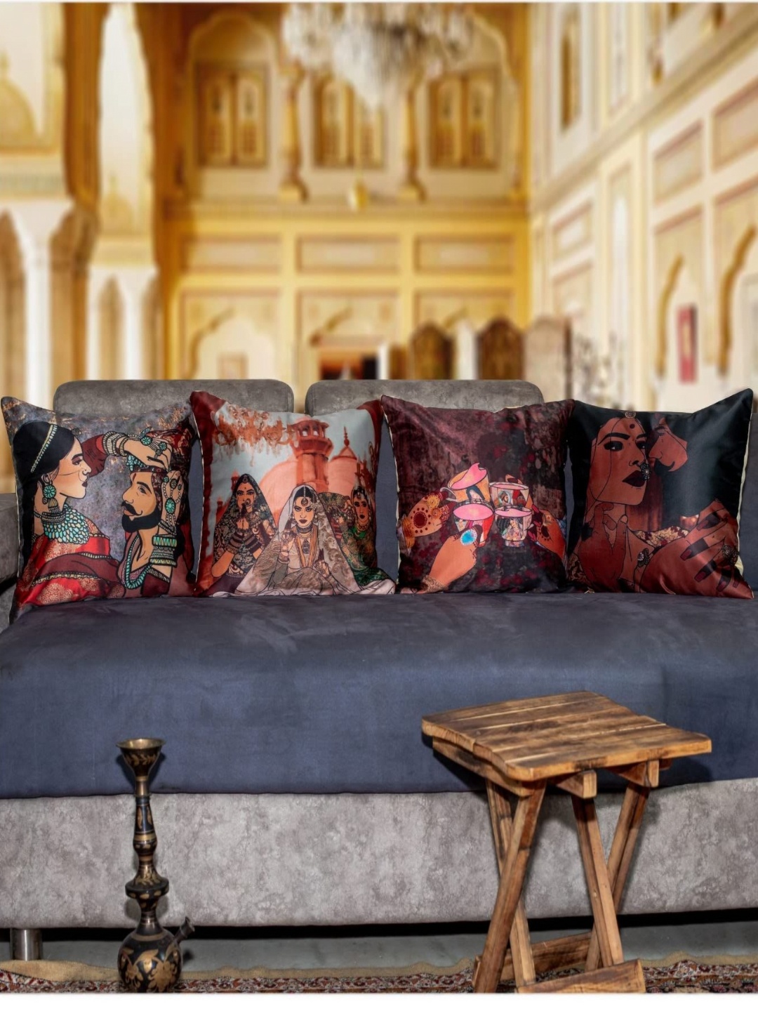 

Vendola Brown & Black 4 Pieces Ethnic Motifs Satin Square Cushion Covers