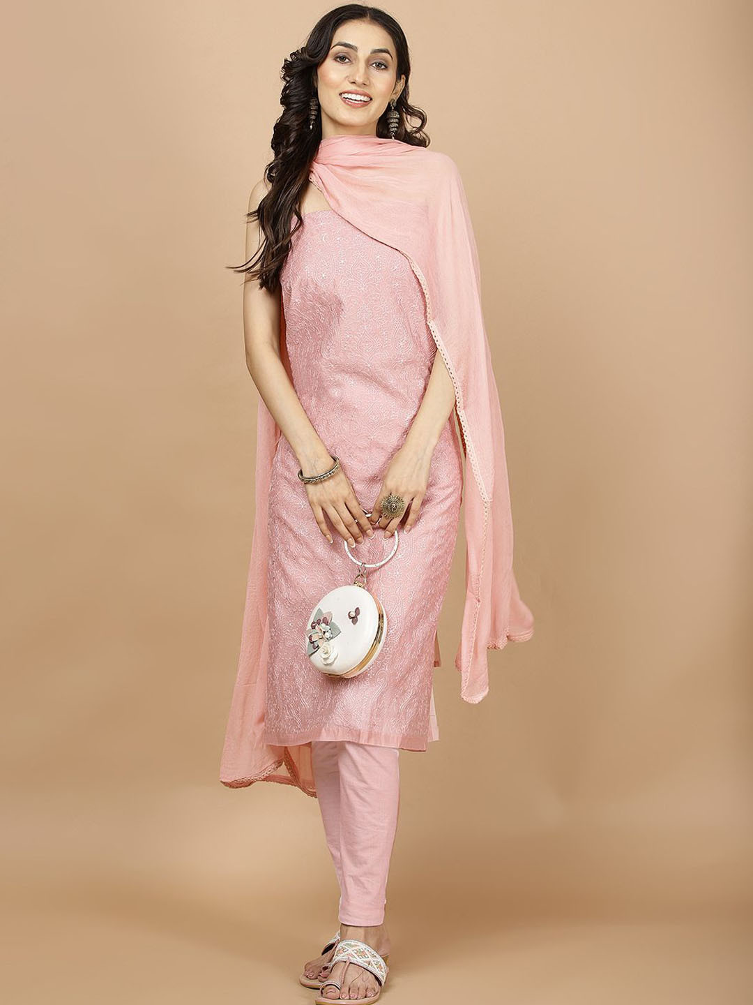 

Meena Bazaar Floral Embroidered Art Silk Unstitched Dress Material, Pink